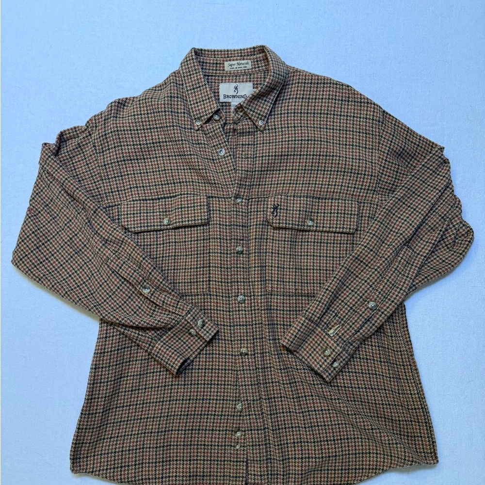 Vintage Browning Super Naturals Button Up Plaid Houndstooth Hunting Shirt Men XL
